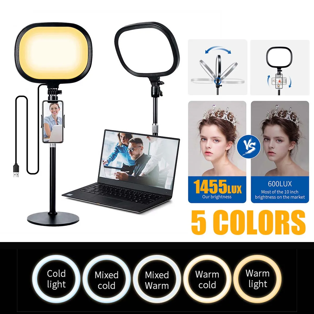 Desktop Led Panel Light Key Light Dimmable Photography Studio Lamp 1440 Lux W/Extend Tripod Light Stand for Computer Live Stream