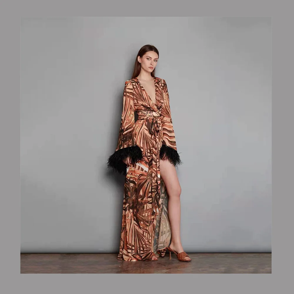 

Female Fashion Y2K Print V Neck High Waist Lace Up Side Slit Long Dress Streetwear Women Elegant Bohemian Dress