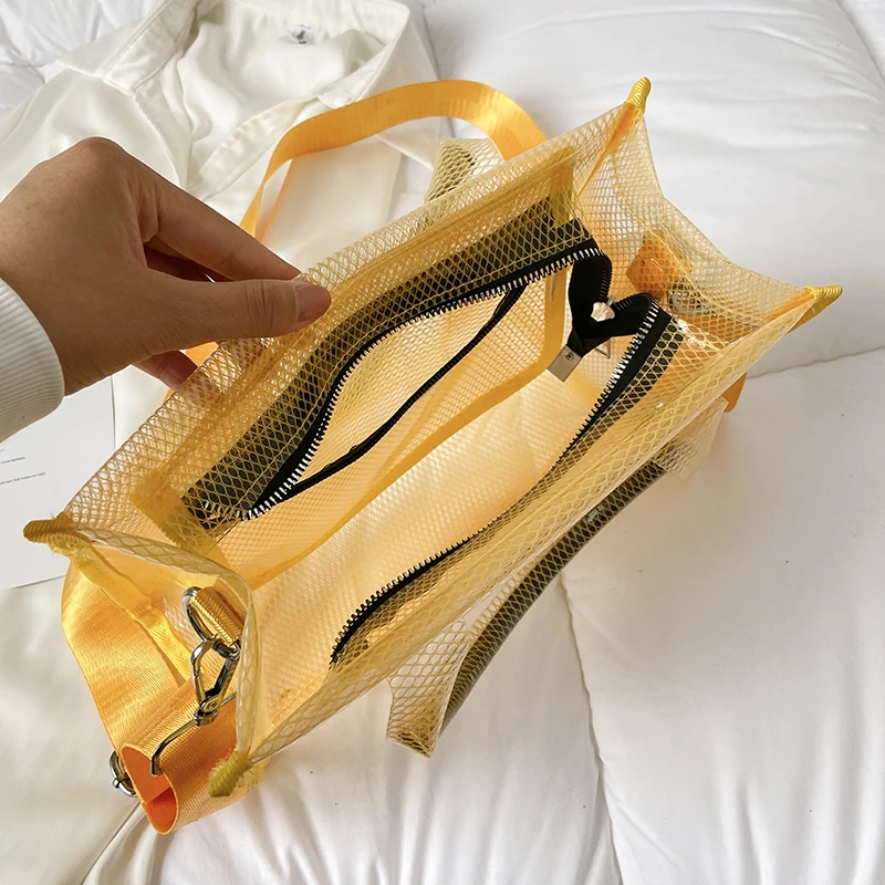 2023 Female Mesh Tote Bag Black Transparent Waterproof Summer Beach Women's Handbag Letter Print Ladies PVC Jelly Shoulder Bags