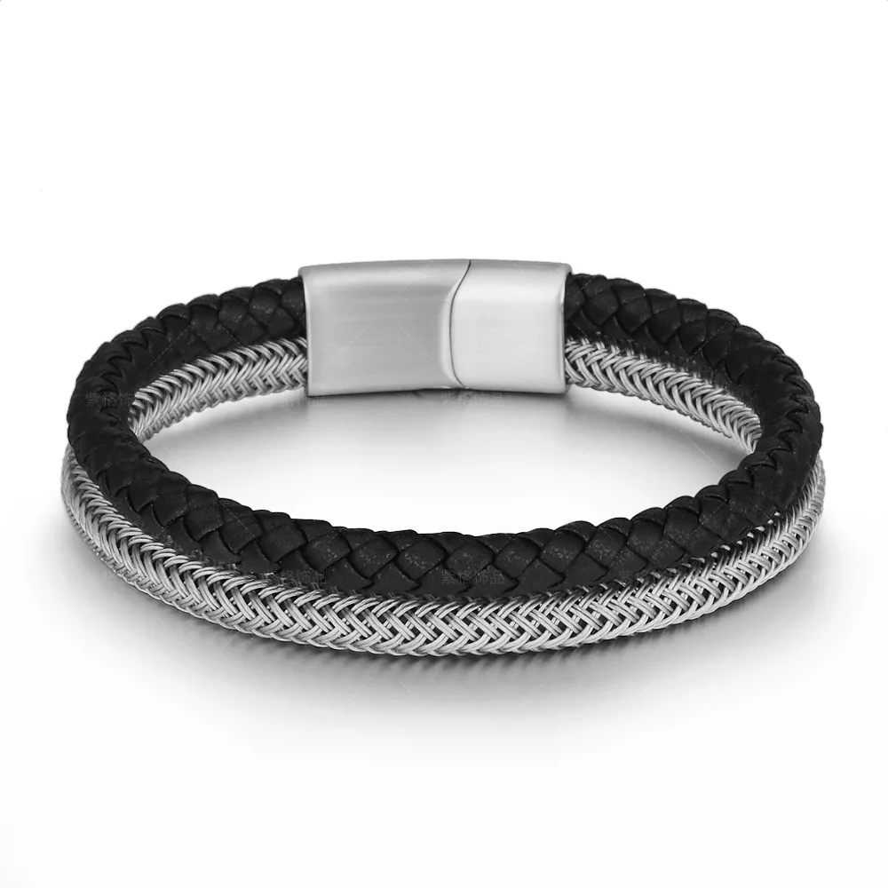 

Wholesale New Steel Wire Double Woven Stainless Bracelet Bangle Leather Men's Titanium Alloy Jewelry
