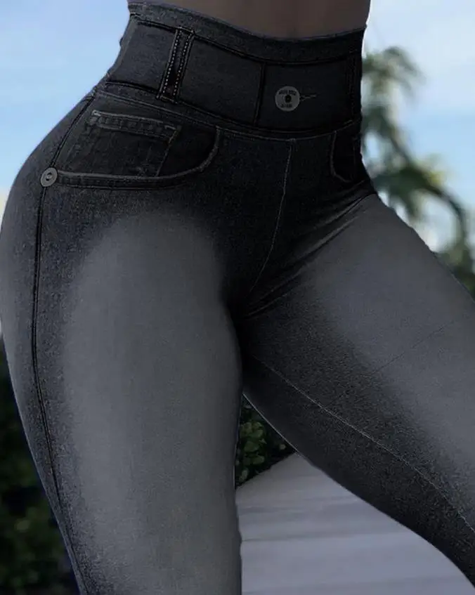 

New Fashion Women Denim Look Print High Waist Tummy Control Butt Lift Leggings Skinny Pencil Pants Elastic Trousers