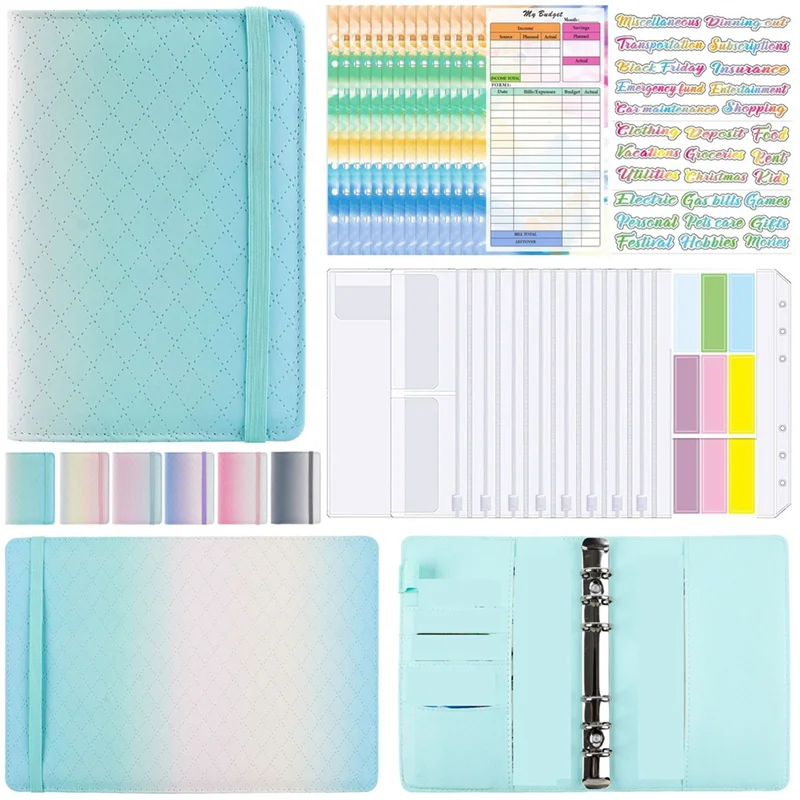 

A6 Gradient Macaron Binder Hand Ledger Notebook Leather PU Loose-Leaf Book Cash Budget Book with Zip Bag, Green