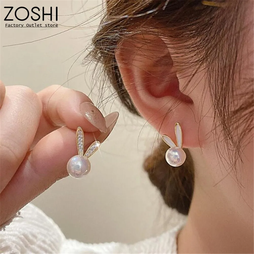 

Korean Style Easter Day's Bunny Stud Earrings For Women Girl Cute Rabbit Imitation Pearl Rhinestone Earrings Asymmetric Unique