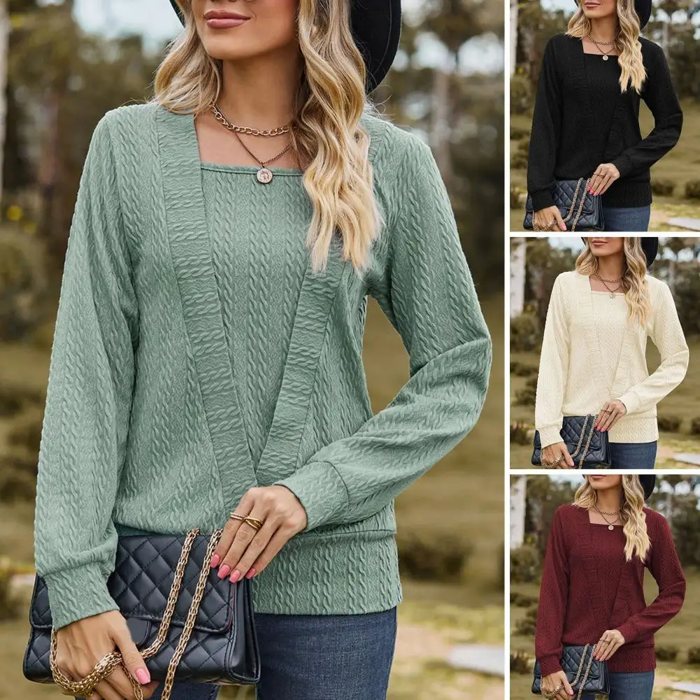 

Женская свободная футболка, шикарная футболка с квадратным вырезом, уютный укороченный текстурный свободный крой, пуловер, топы для женщин на осень и зиму