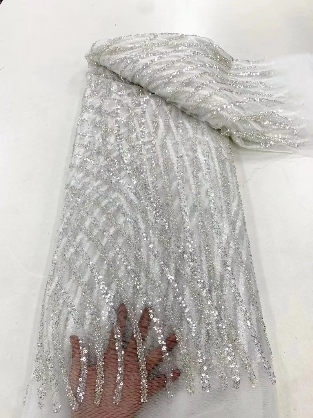 

African White Lace Fabric 2023 High Quality French Mesh Fabric Embroidery Beads and Sequins Beaded Lace Fabric for Wedding Dress
