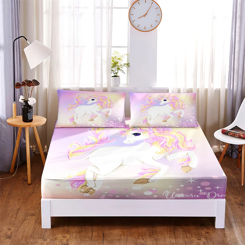 

Комплект постельного белья для девочек, из полиэстера, однотонный, с изображением единорога, на резинке