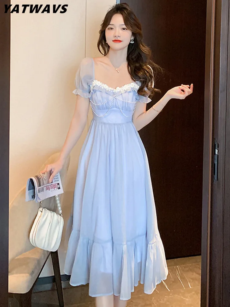 

Женское шифоновое платье с квадратным вырезом, дизайнерское элегантное Мягкое платье с бусинами и рукавами-фонариками на спине, празднично...