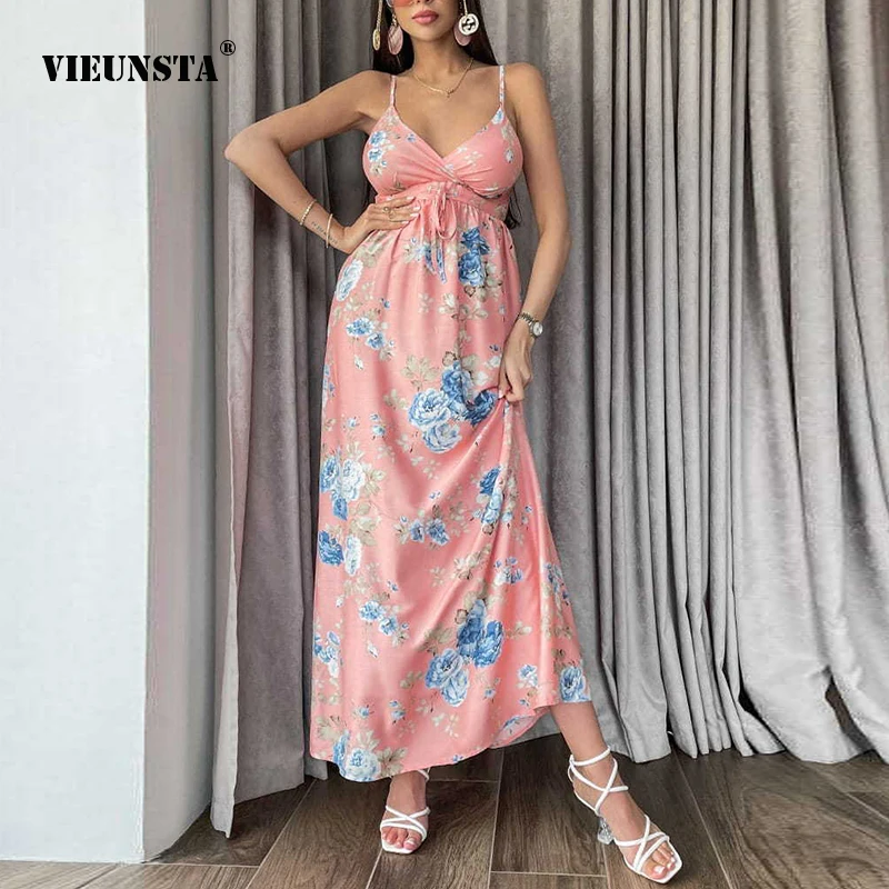 

Bohemia Maxi Clothes Fashion Drawstring Lace-up Mid Waist Women A-line Dress Summer Sexy Sleeveless V Neck Printed Sling Dresses