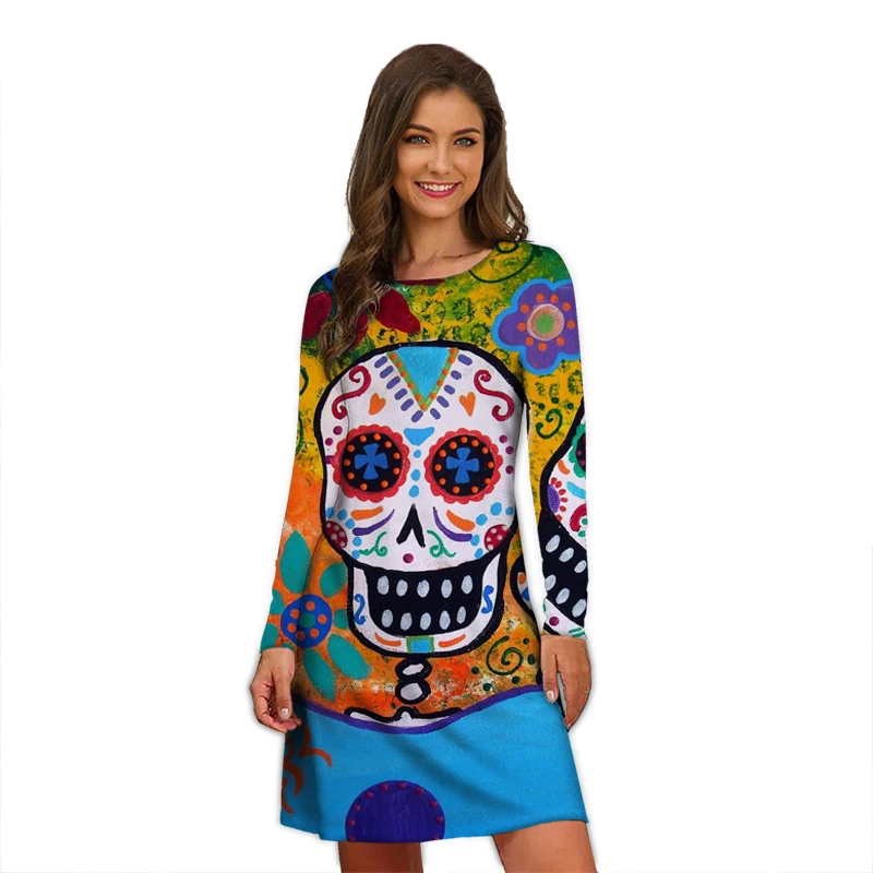 

Женское платье с длинным рукавом, повседневное ТРАПЕЦИЕВИДНОЕ ПЛАТЬЕ до колена с 3D-принтом черепа, весна-осень