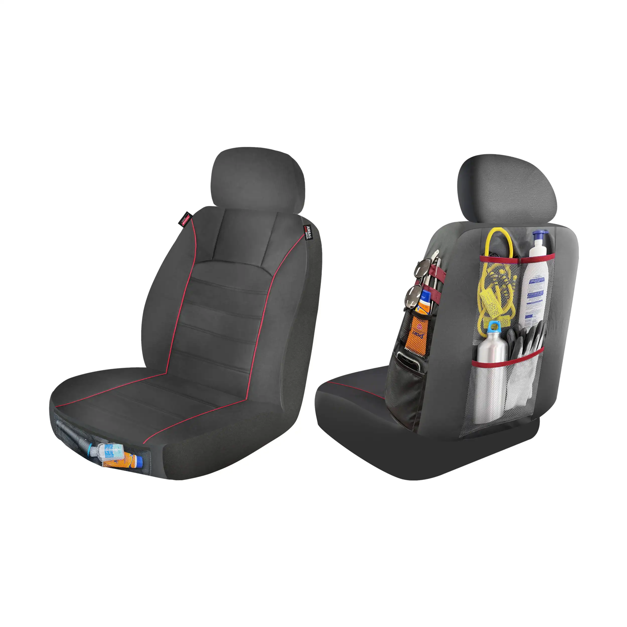 

2 Piece Front Seat Covers with Storage - Black and Red, 43156WDI