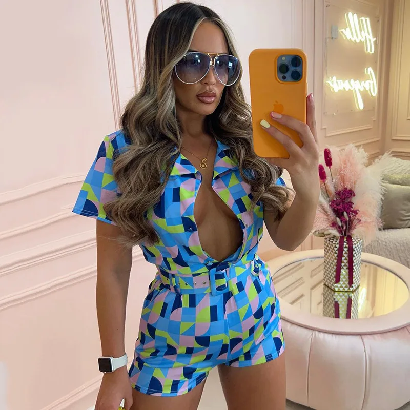 

Ins 2022 Spring Fall Fashion Print V-Neck Matching Women Overalls Classic Short Sleeves Playsuits Belt Romper Streetwear