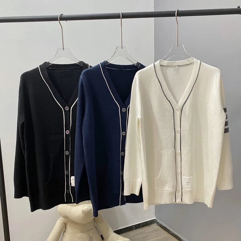 

High Quality TB Fall/winter New V-neck TB Knit Cardigan Four-bar Long-sleeved Sweater Couple with The Same Loose Style