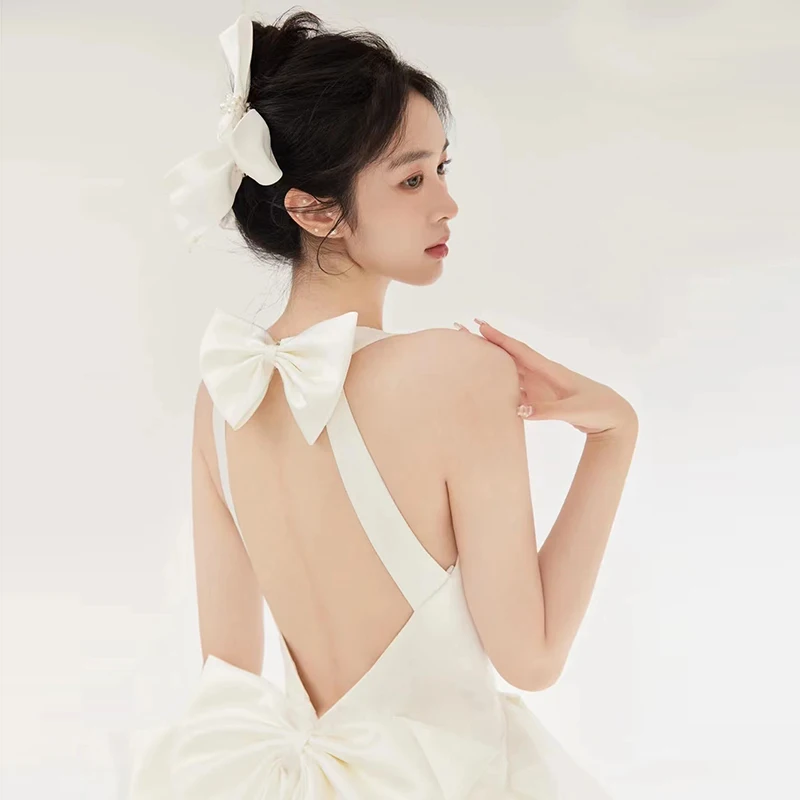 

Sexy Backless White Wedding Dress Elegant Women Sleeveless Prom Ball Gown A-Line Satin Bridal Formal Banquet Vestido 2022 New In