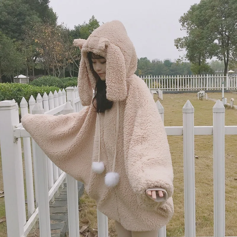 New Kawaii Coat Girl Winter Warm Soft Faux Fur Batwing Sleeve Zipper Harajuku Teddy Coat Women's Cute Rabbit Ear Plush Hoodie