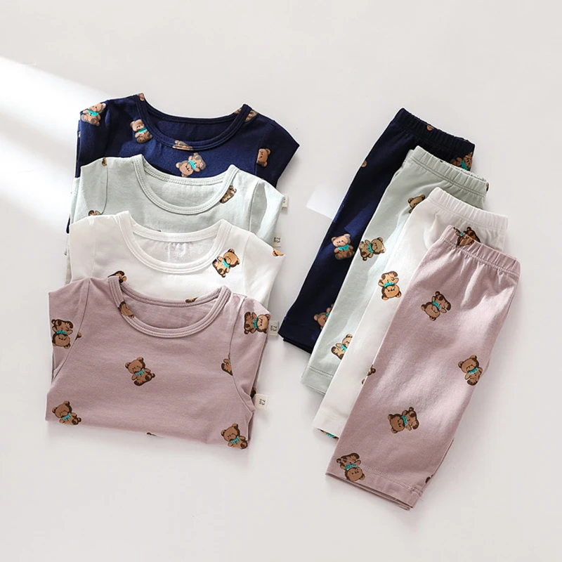 2022 Summer Bear Print Baby Clothing Set Two-piece Set Top+Short Suit Baby Boy Girl Clothes Short-sleeved Kid Home Clothing 6-36