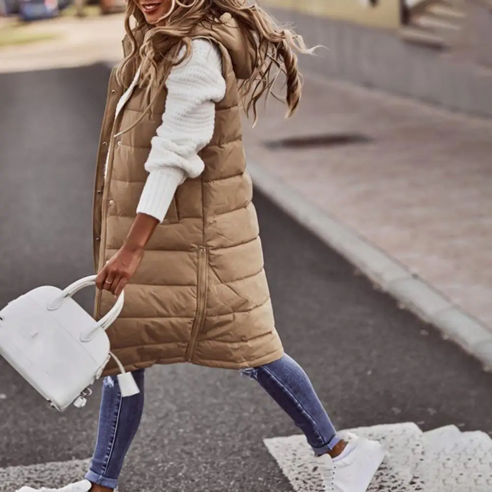 

Black Hooded Single-breasted Midi Motorcycle Cotton Coat Vest Elegant Street Hipster Cardigan Winter Jacket Women 2022 Warm Coat