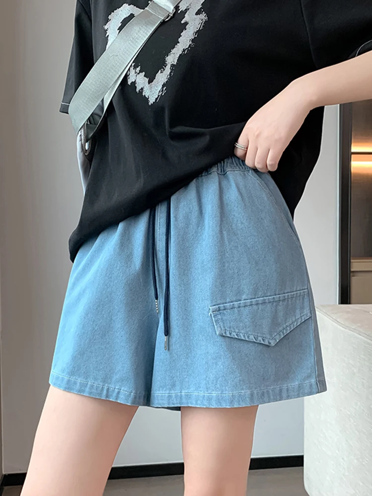 Streetwear Women Wide Leg Lace Up Elastic Waist Denim Shorts Spring Summer Female Loose Retro Jeans Shorts Bottoms