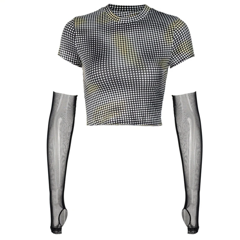 

Женский укороченный топ с коротким рукавом, винтажная облегающая футболка с ложным воротником и принтом в горошек, в стиле Харадзюку, летни...