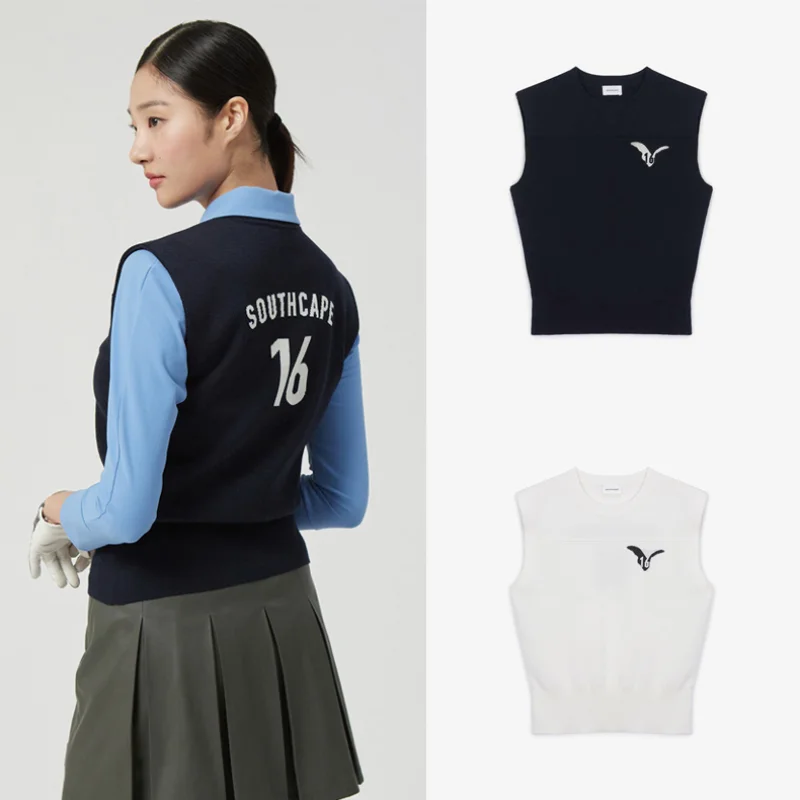

Korean Golf Wear Women's Autumn and Winter Knitted Vest Coat New Fashion Wide Shoulder Sleeveless Sweater Ladies Sports Top