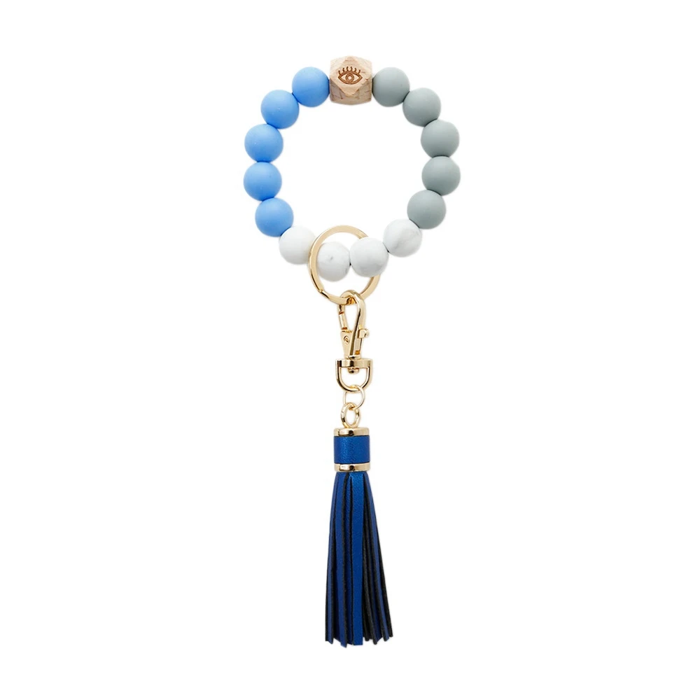 

Silicone Wristlet Keychain Bracelet Car Beaded Key Ring Tassel Keychain Beaded Bangle for Women - F