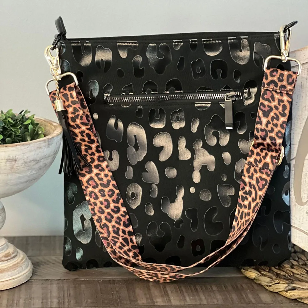 

Черная леопардовая Женская сумка через плечо с кисточкой, модная леопардовая сумка-мессенджер с ремешком для гитары, дизайнерская сумка с 2 ремешками DOMI