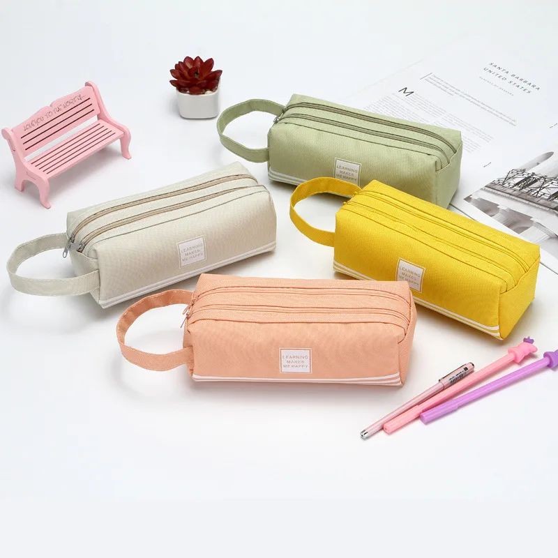 

Solid Color Stripe Double Layer Stationery Student Creative Large Capacity Portable Canvas Pen Case