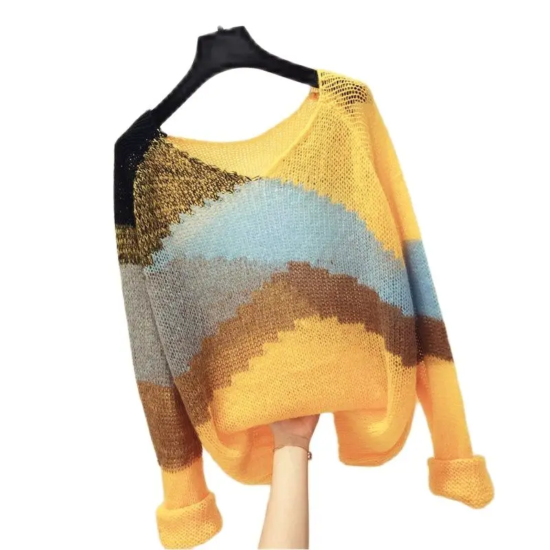 

Spring Autumn Long Sleeve Thin Sweater, Women's Patchwork Sweater Spring Pullover, Large Loose Lazy Lazy Style Stripe Sweater