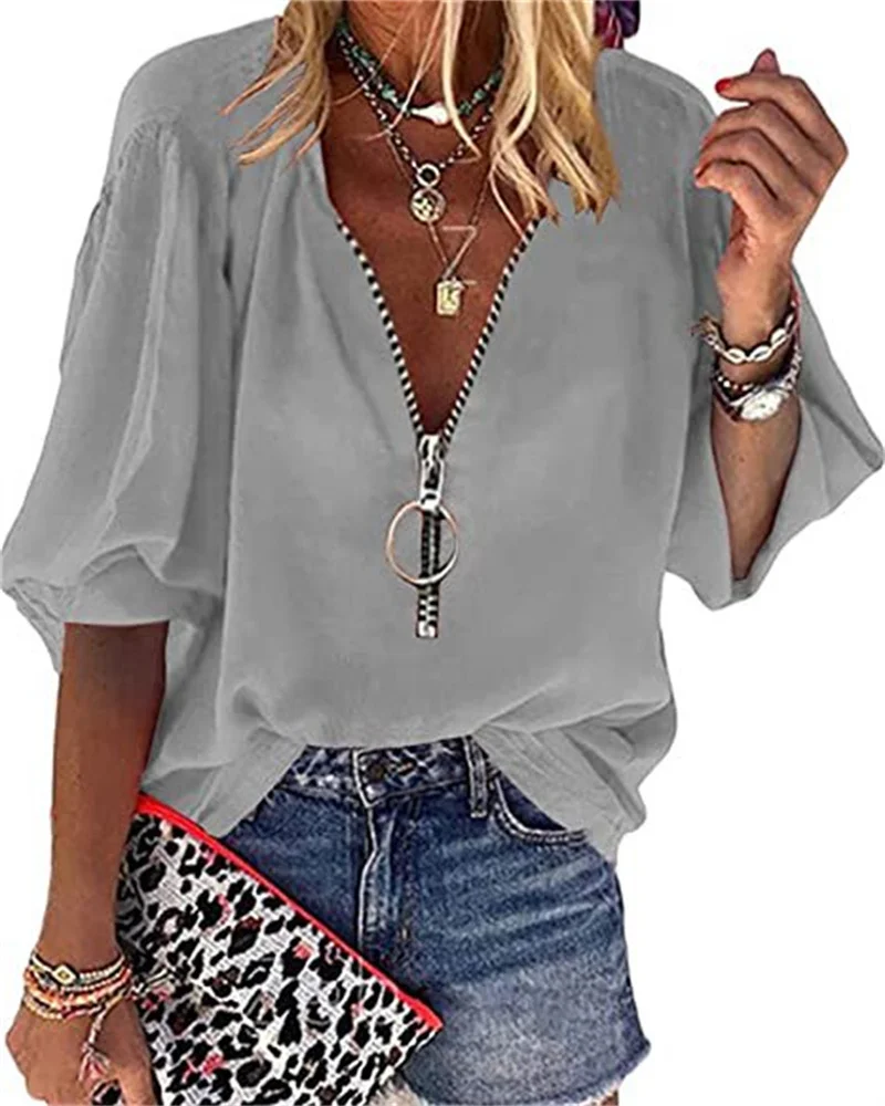 Spring Summer New Solid Color Lantern Sleeve Zipper V-Neck Blouses Women's Office Lady Casual Loose Shirt Tops Blusas |