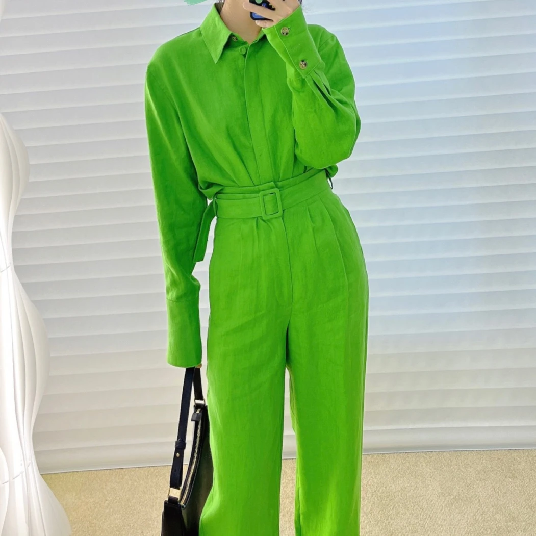

100% Linen Women Tops 2022 Autumn Green Loose Shirt Green Pants Suit
