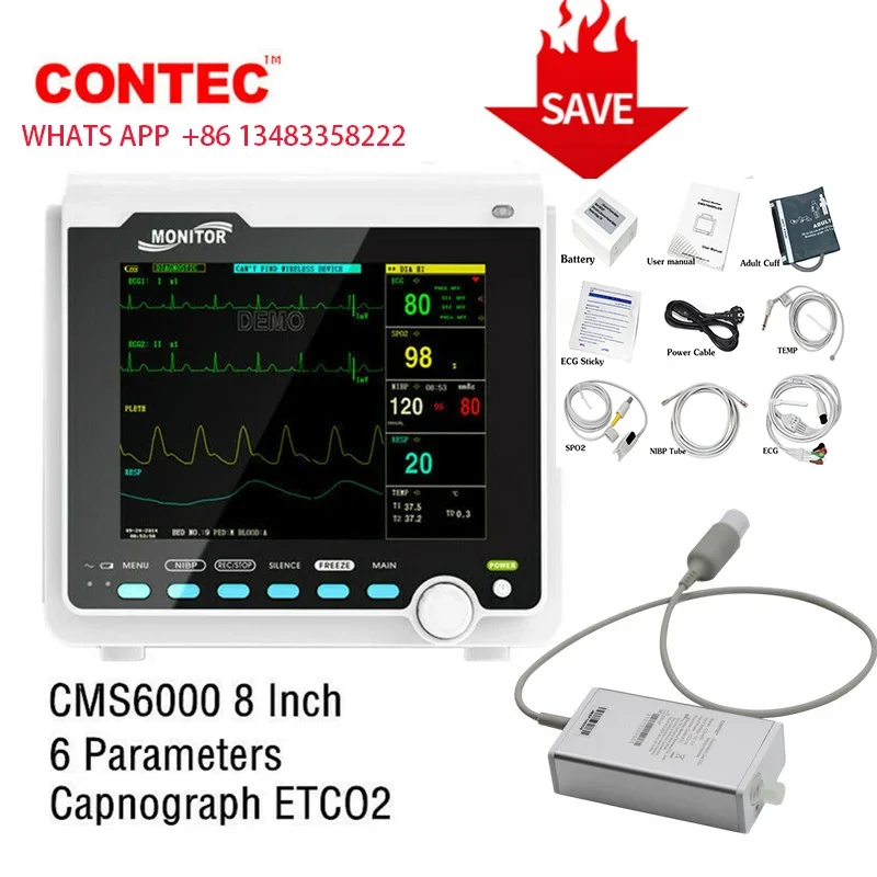 Фото Портативный клинический монитор пациента CONTEC CMS6000C, 6-параметрическое оборудование для взрослых, детей, новорожденных и ветеринарного применения, с функцией ЭКГ. №2