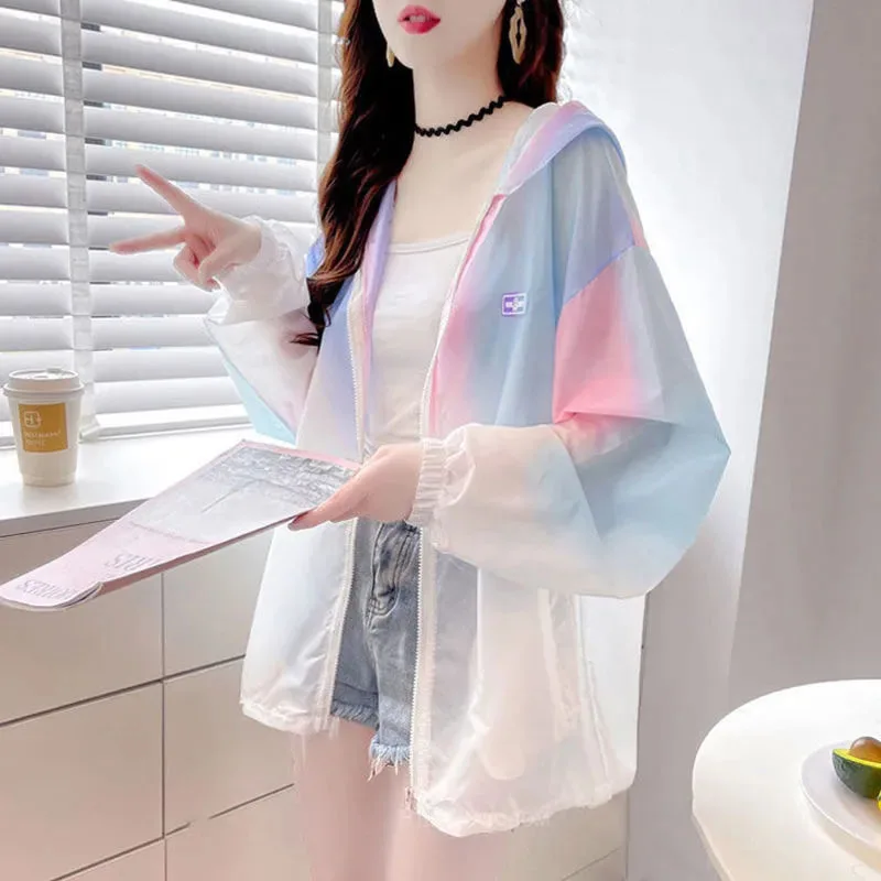 

Thin Tie Dye Sun Protection Shirts Women Summer Baggy Zipper Hooded Long Sleeve Tops Harajuku Pockets All Match Office Blouse