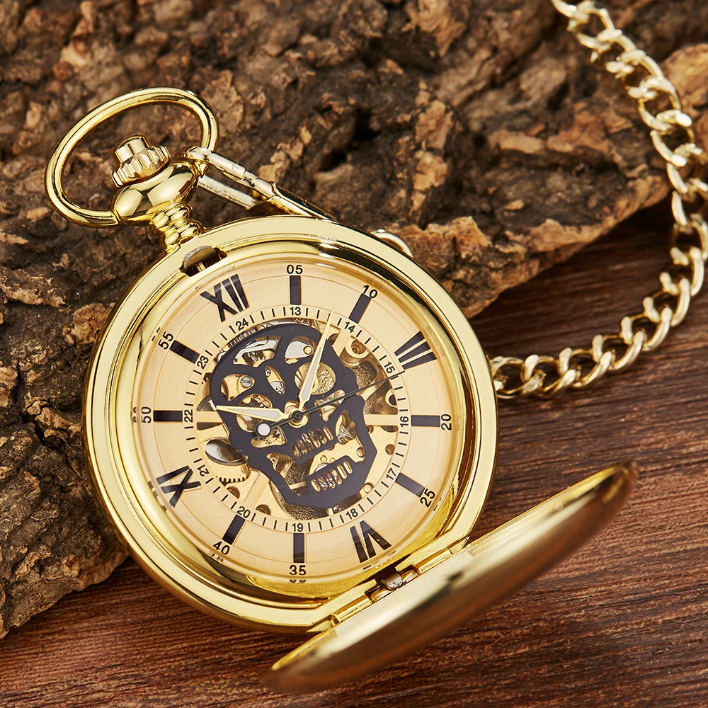 Stainless Steel Mechanical Pocket Watch Gold Silver Skull Skeleton Steampunk Clock FOB Gift Hot Sale Pendant reloj hombre Men