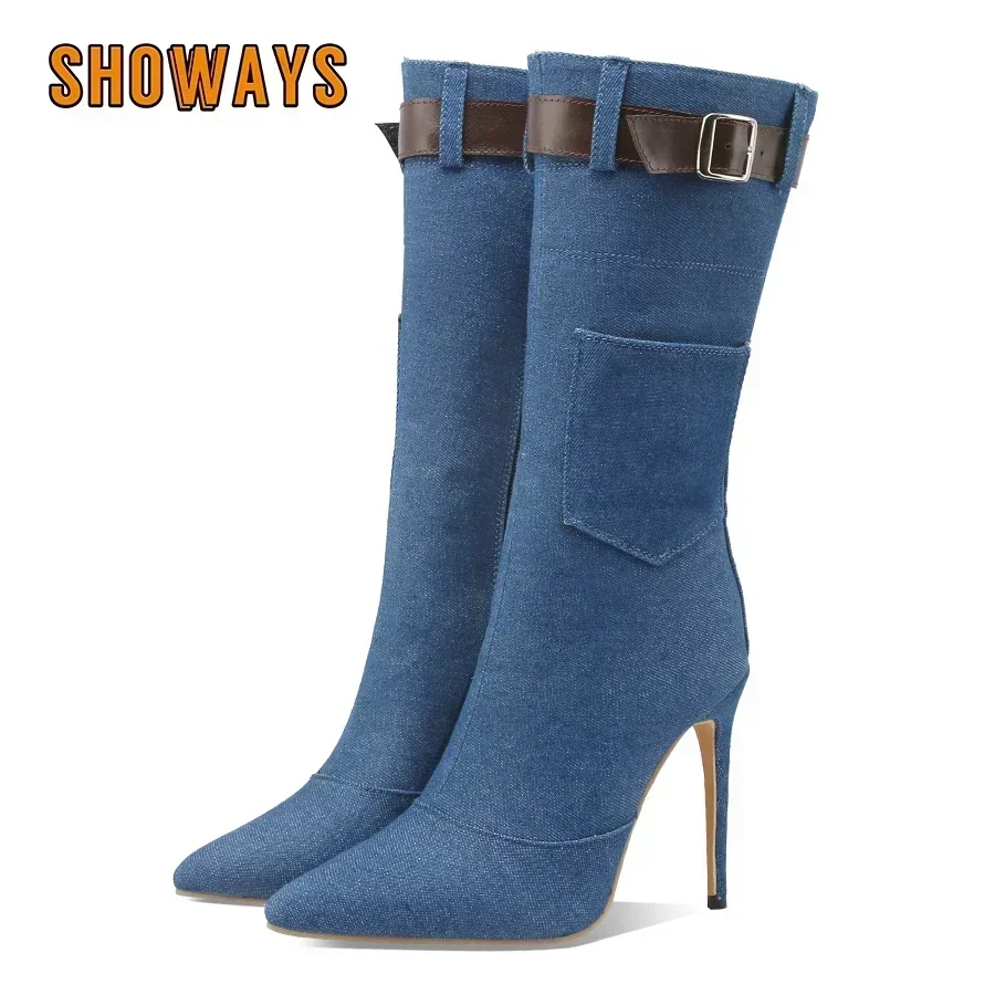 Зимние женские сапоги до середины икры черные синие джинсовые туфли на высоком