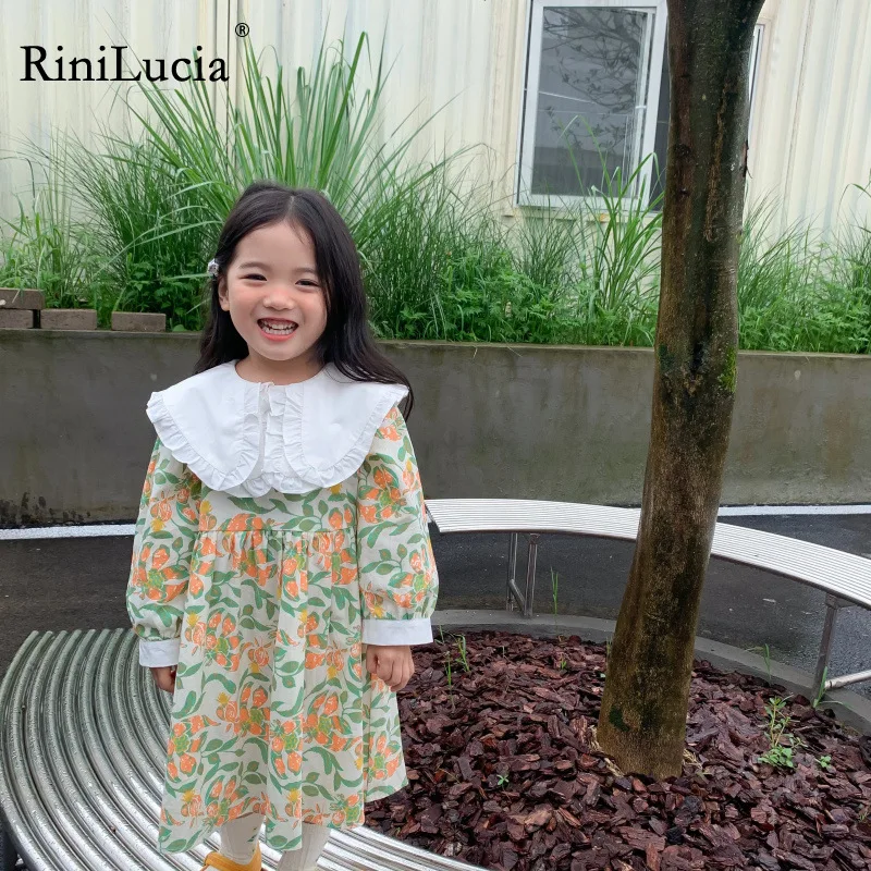 

RiniLucia 2022 Spring New Girls Long Sleeve Floral Princess Dress Cotton Toddler Kids Party Children Dresses With Lace Collar