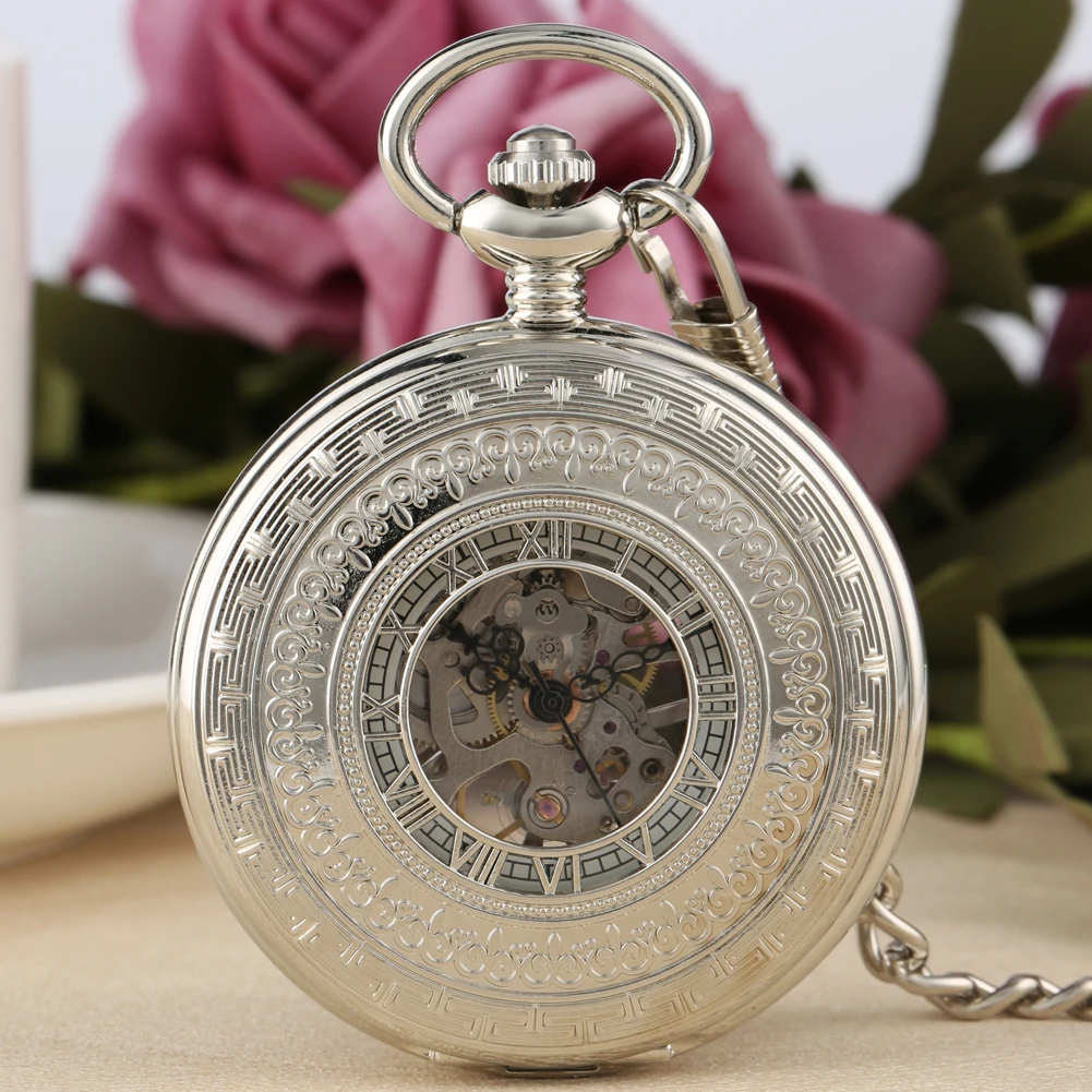 Elegant Vintage Silver Mechanical Pocket Watch Roman Numerals Dial Exquisite Hand Winding Pocket Timepiece Gifts Men Women