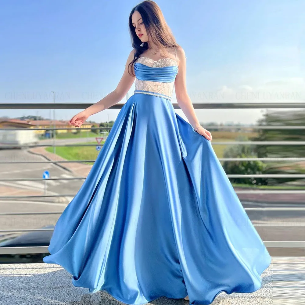 

Женское атласное платье на тонких бретельках, синее длинное атласное ТРАПЕЦИЕВИДНОЕ платье без рукавов для выпускного вечера, 2023