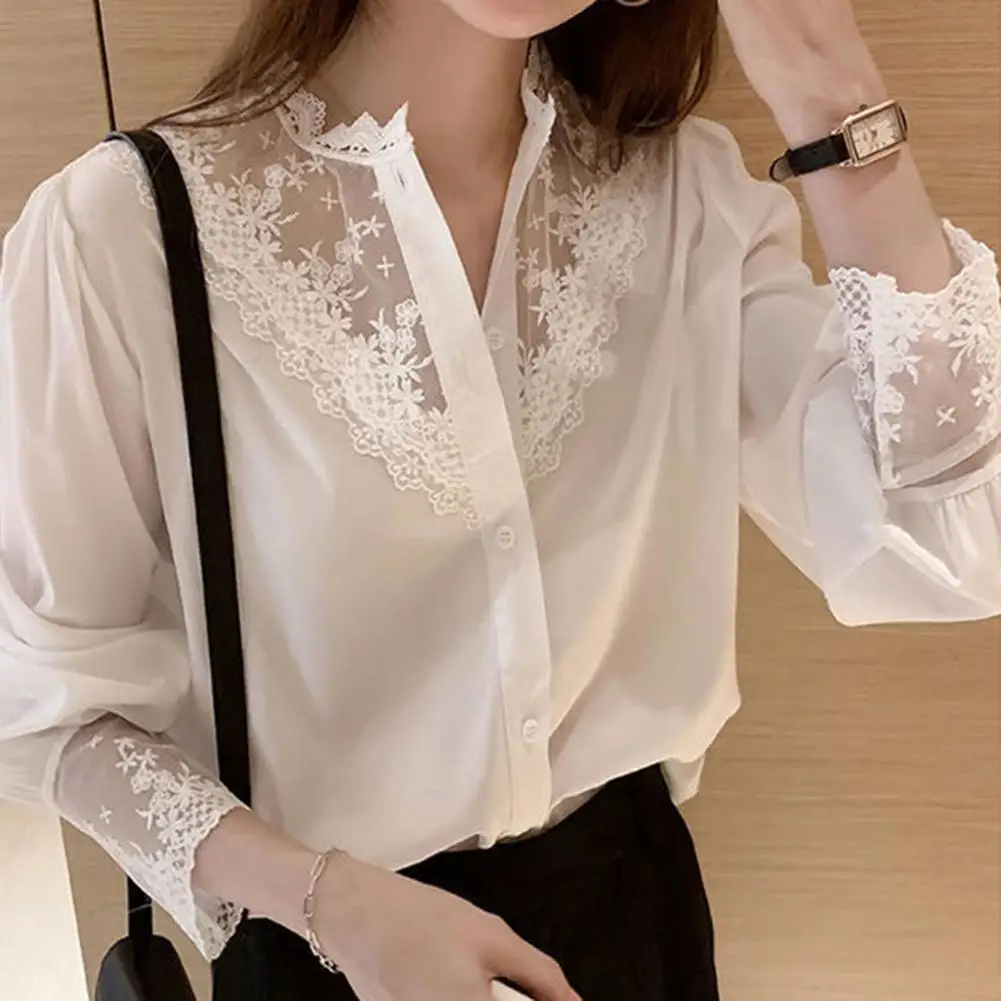 

Long-sleeve Shirt for Women Floral Embroidered Lace Blouses for Women Elegant Single-breasted Shirts with Stand Collar for Ol
