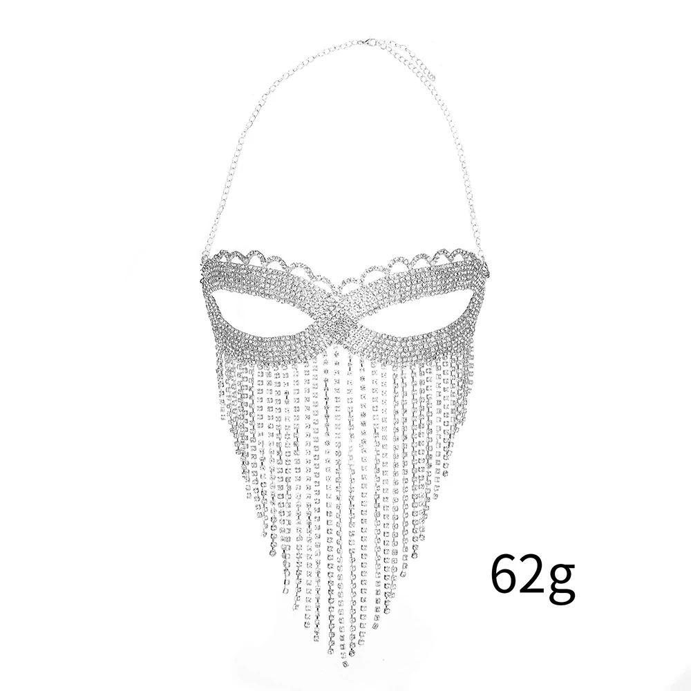 Halloween Rhinestone Head Chain Facemask Women Masquerade Tassel Mask Cosplay Nightclub Rave Festival Party Punk Jewelry Acc