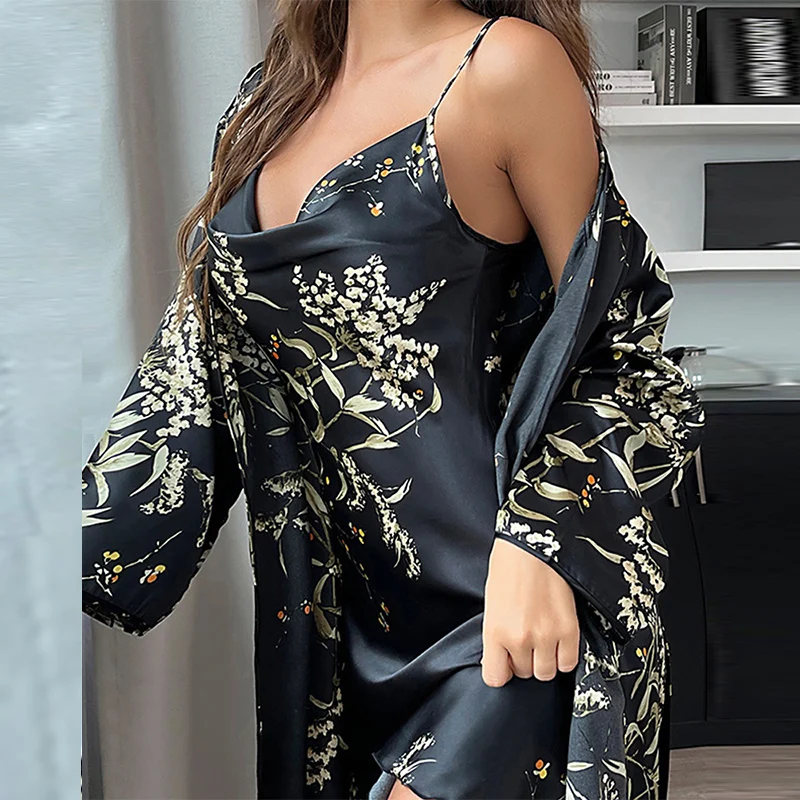 

Spring Floral Print Sling Dress With Thin Coat Women Fashion Soft Satin Pajamas Set Fall Sexy Lace-up Cardigan Homewar 2pcs Suit