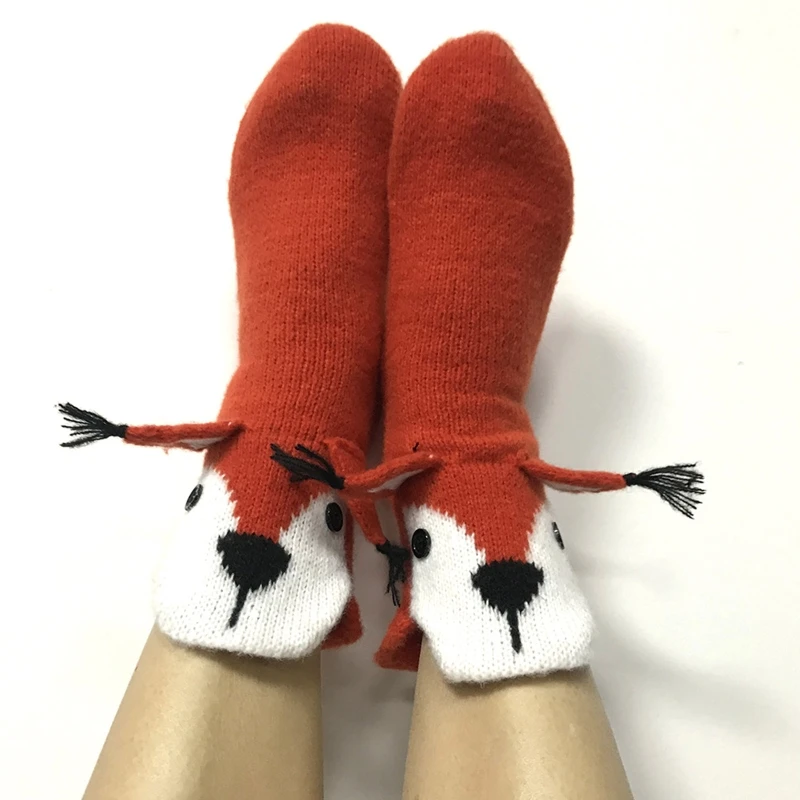 Unisex Novelty Cartoon Slipper Socks Crochet Knit Funny Squirrel 3D Ears Hosiery 37JB