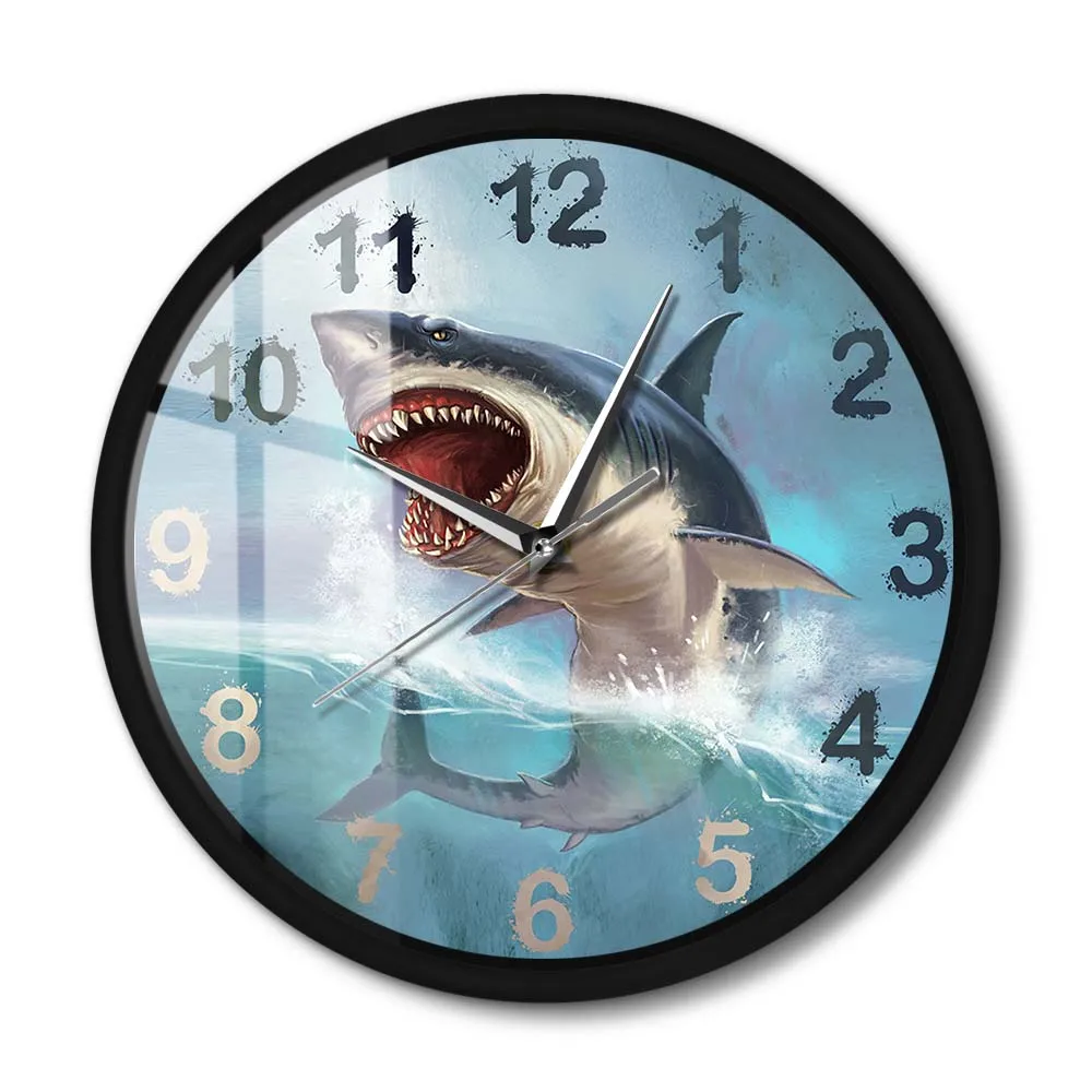 

Hungry Great White Shark Metal Frame Wall Clock Sea Lift Art Home Décor Ocean Animal Aquarium Silent Wall Watch For Living Room