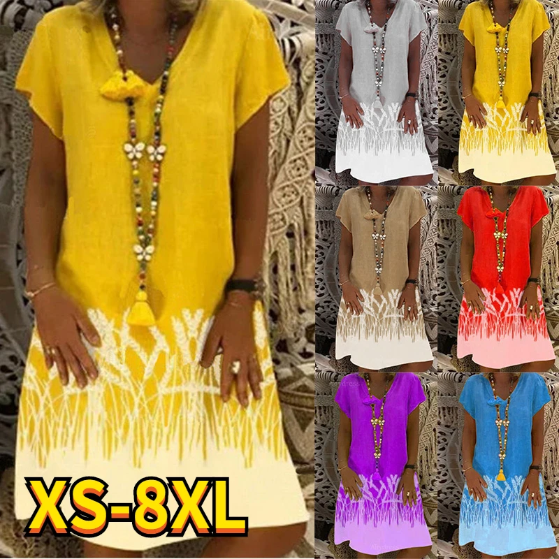 

2022 Summer Women's Abstract 3D Printed Wheat Painting Dress V Neck Fashional Casual Dress New Design Female Dress New 8XL