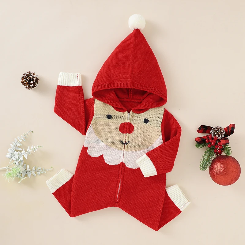 

Pudcoco 0-18M Romper Infant Newborn Baby Girls Boys Knitted Christmas Hooded Santa Claus Front Zip Jumpsuits Warm New Clothes