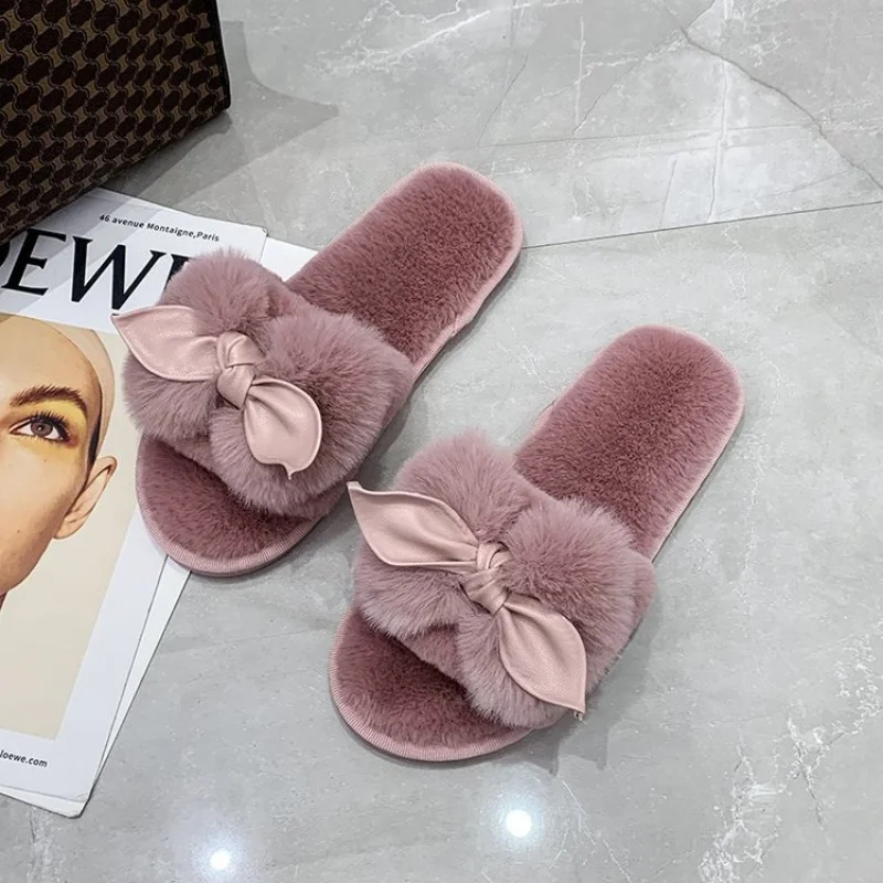 

Cotton Slippers Ladies Bow Home Flat Women Furry Slides Chinelos Mulher for