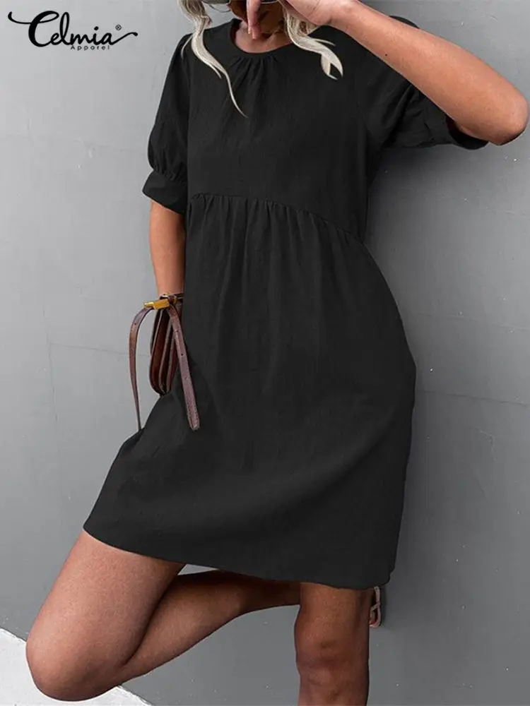 

Celmia Elegant Women Mini Dress Gathers Breathable Cotton Short Sleeve 2022 Summer Sundress Casual O-neck Holiday Short Vestidos