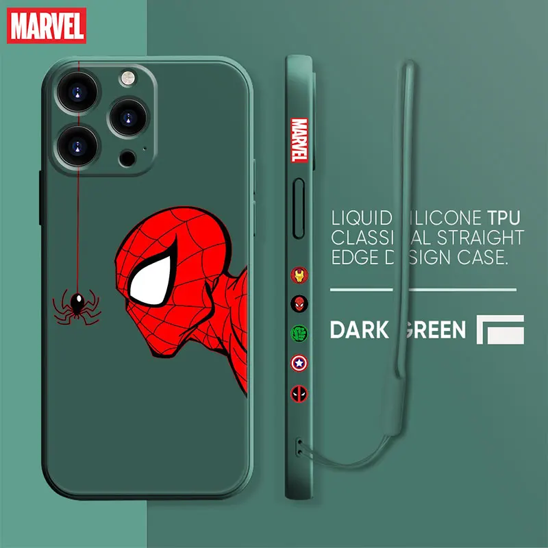 

Luxury Square Liquid Silicone Phone Case For iPhone 13 12 11 Pro Max Mini X XR XS Max 7 8 6 Plus SE Marvel Spider Man Red Mask