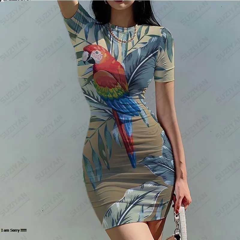 

2023 Summer Fashion New Tight Dress Women's Short Sleeve Round Neck Dress Animal 3D Print Women's Sexy Breathable Wrap Hip Dress