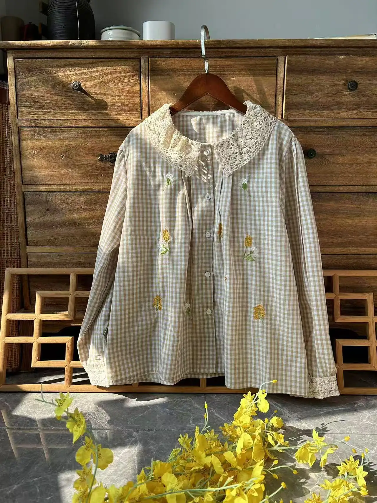 2021 японская винтажная одежда весенние кружевные рубашки и блузки в клетку с