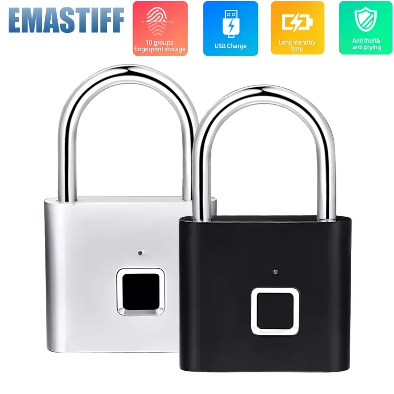

Black silver Keyless USB Rechargeable Door Lock Fingerprint Smart Padlock Quick Unlock Zinc alloy Metal Self Developing Chip
