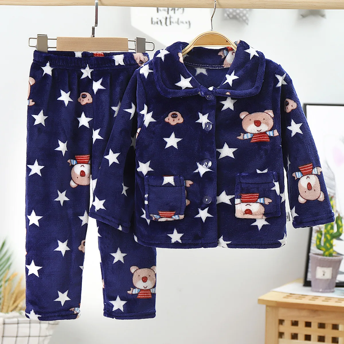 New 2020 Kids Boys Girls Autumn Winter Warm Flannel Pajama Sets Cartoon Print Lapel Tops with Pants Sleeping Clothing Sets